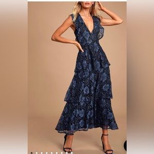 Molinetto navy blue lace ruffled tiered sleeveless maxi dress